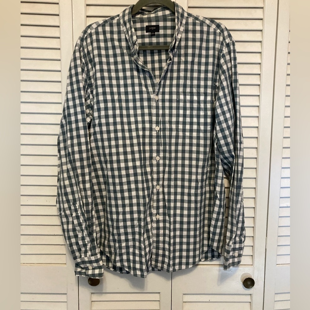 Men’s J.Crew Gingham Blue And White Button Down Shirt Size Large